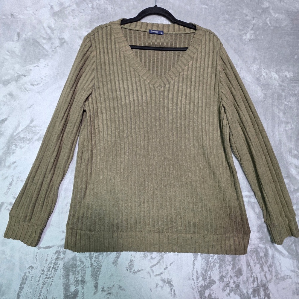 Sampeel Womens XL Olive Green Ribbed V-Neck Long Sleeve Knit Top Sweater